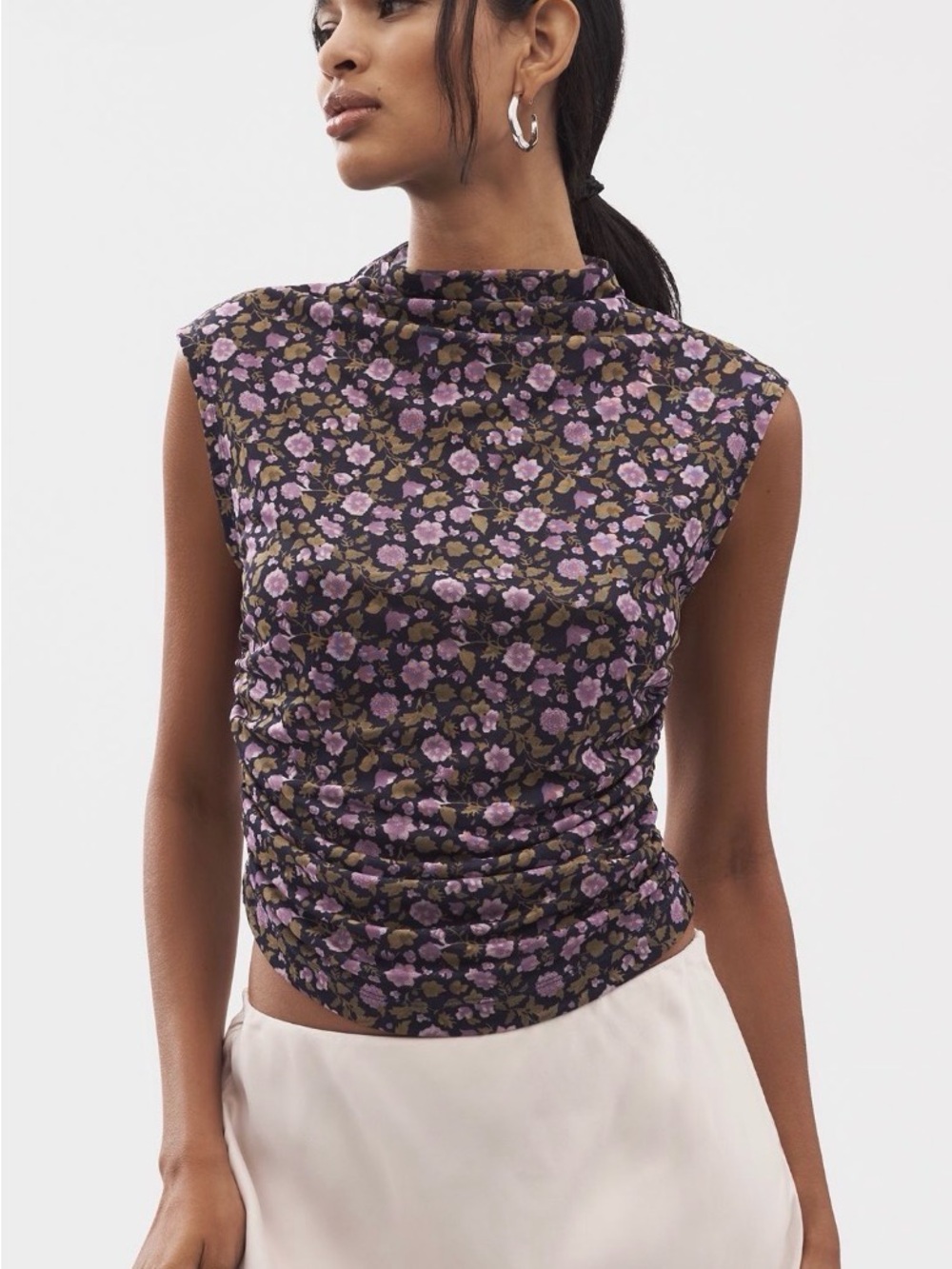 Anthropology Mauve Sleeveless Mock Neck Floral Top in Black and Purple